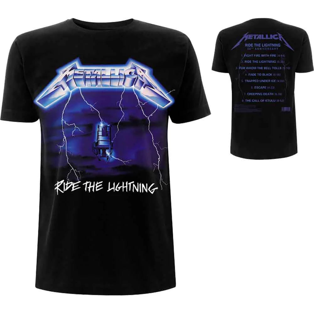 Metallica Unisex T-Shirt: Ride The Lightning Tracks (Black) (Back Print)