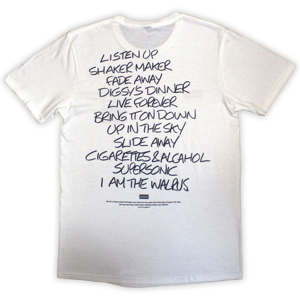 Oasis Unisex T-Shirt: Definitely Maybe AAA Setlist (White) (Back Print)